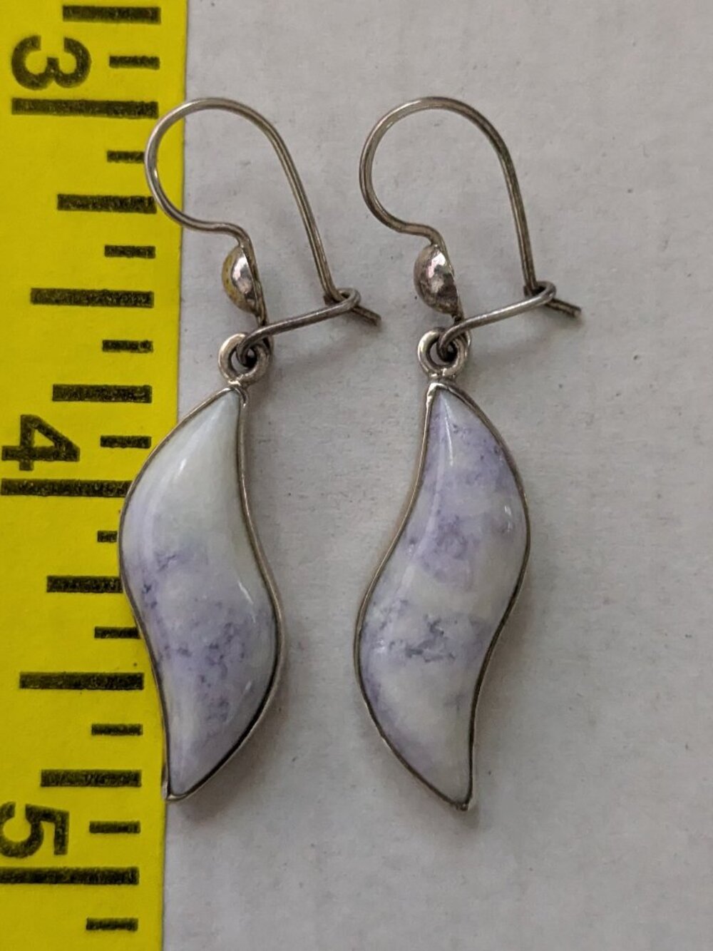 925 Sterling Silver Purple White Agate Stone Wavy Dangle Pierced Earrings